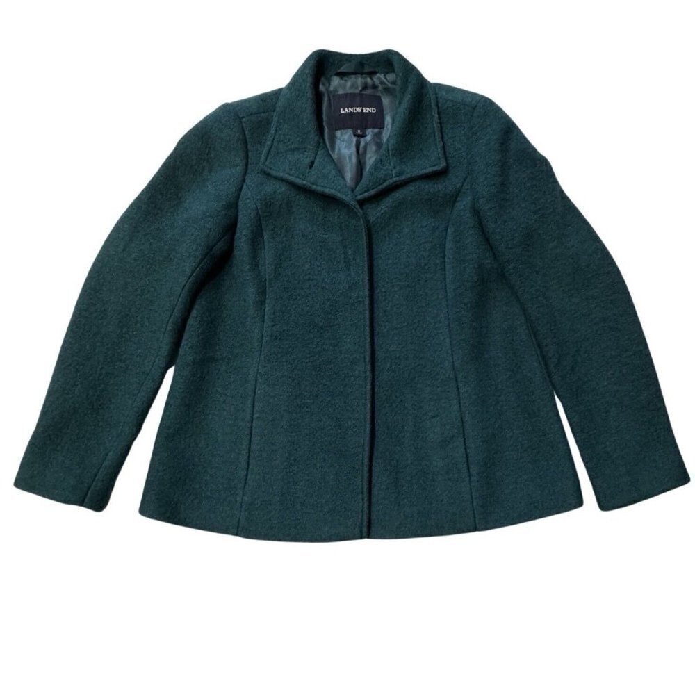 LANDS' END Wool Short Coat Jacket Women Size 8 Green Winter Boxy Retro‎ Gorpcore